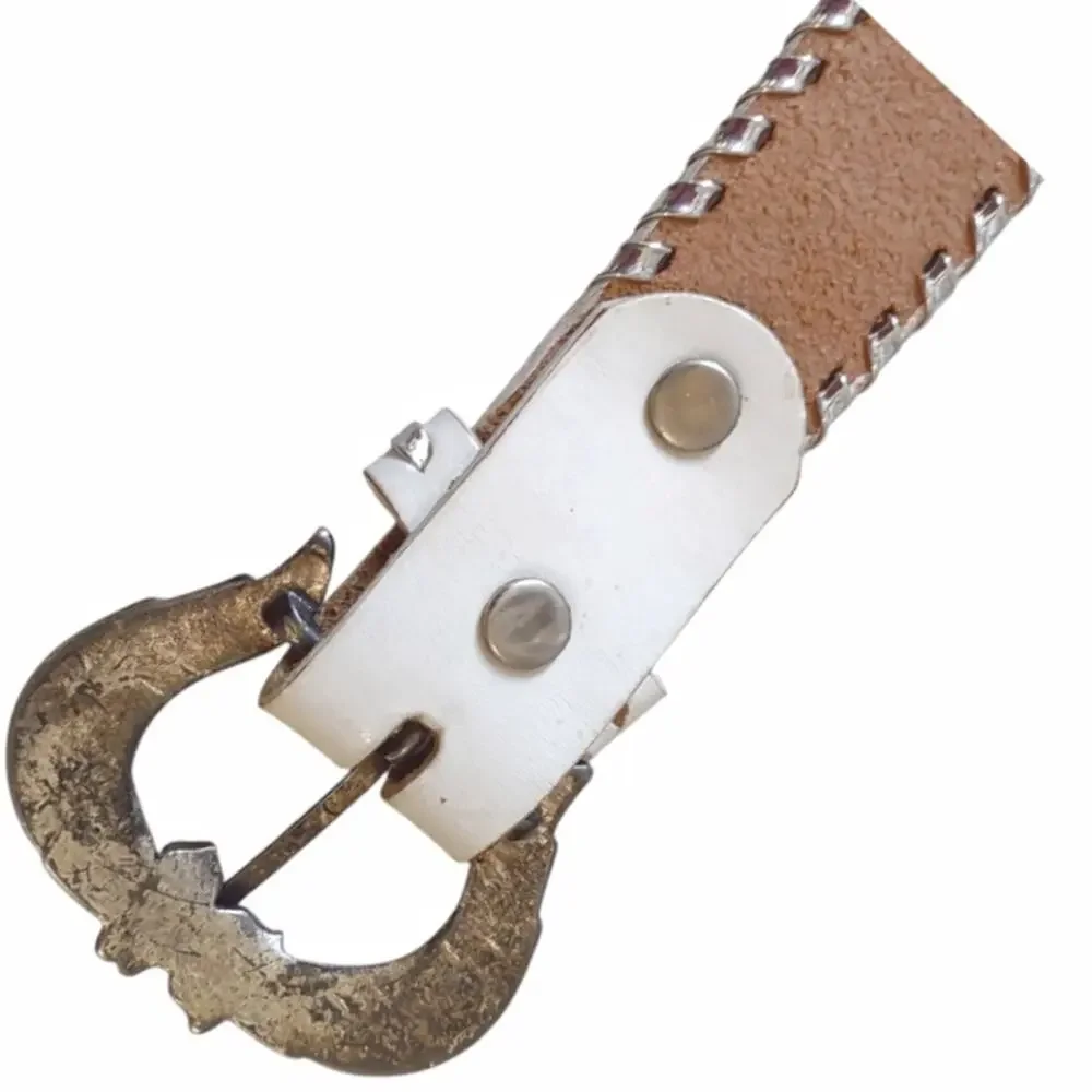 Western Tooled Leather Belt Size L Metallic Silver Braid with Flower Hardware